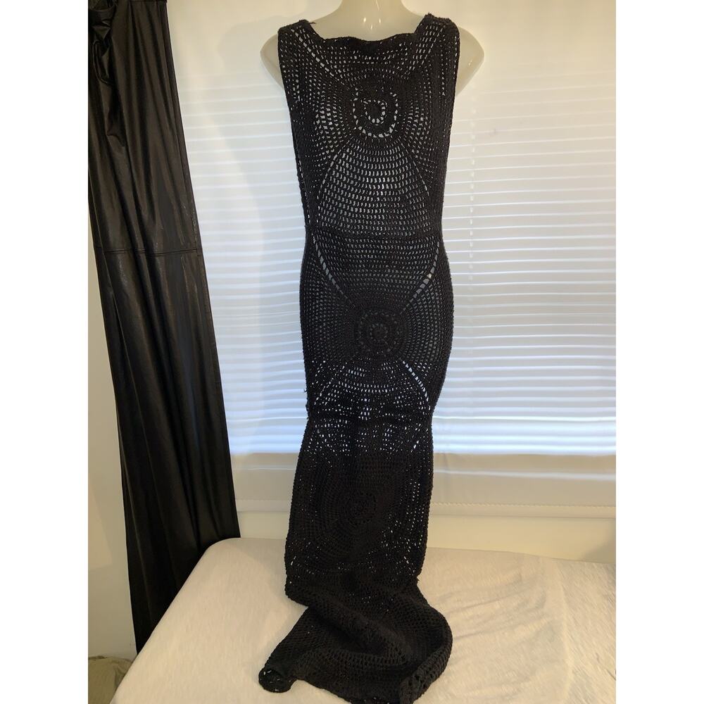 Frankies Bikinis Veronica Cover Up Black Crochet Knit Sleeveless Dress Large - Picture 3 of 9